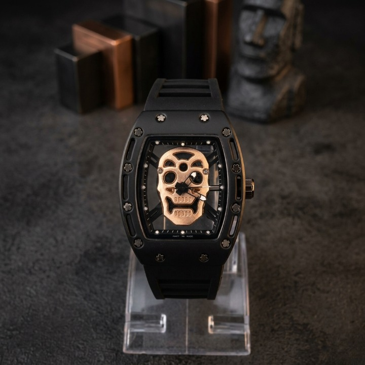 Luxury Non-Waterproof Skull Skeleton Concept Watch – Bold Tonneau Case with Sporty Silicone Strap (Without Box)