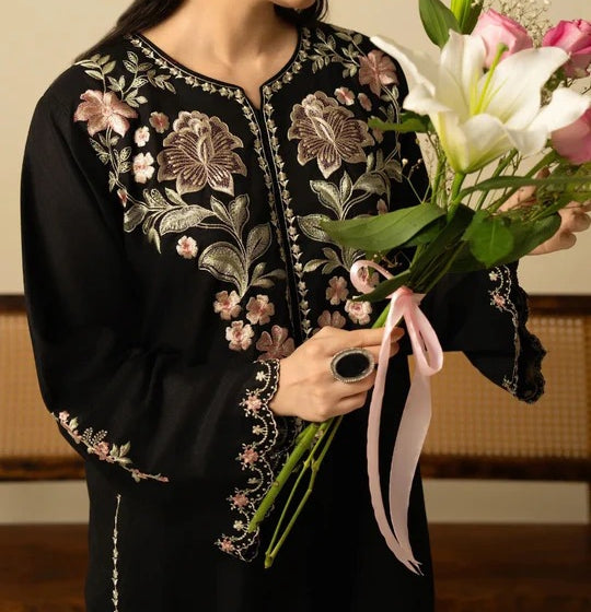 Batool 2-Piece Stitched Winter Suit – Black Cutwork Embroidered Cotton/Dhanak Set
