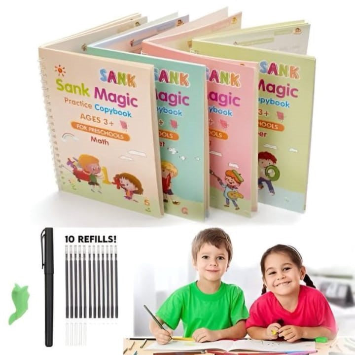 Sank Magic Practice Book Set 4 Books with Pen & 10 Refills Kids Handwriting Learning Kit