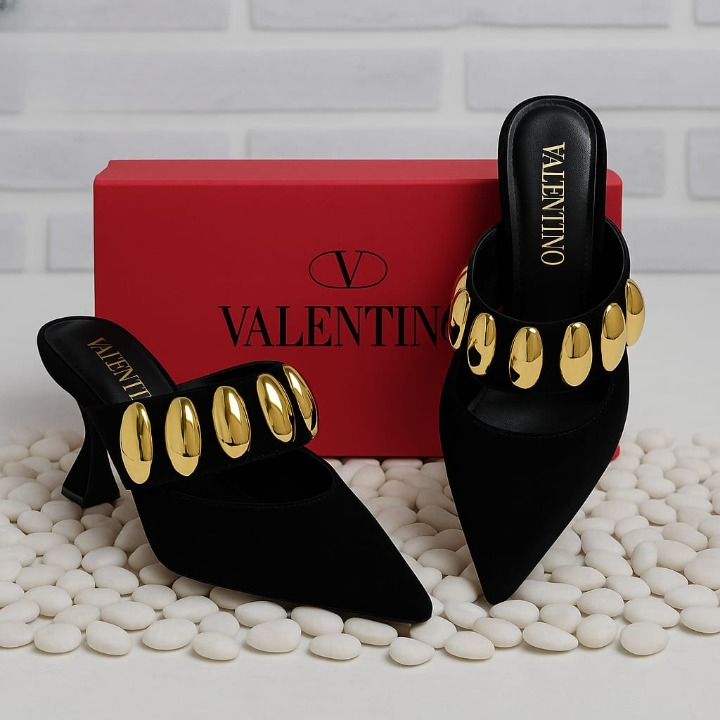Valentino Garavani Royal VLogo 65 Leather Mules In Black Suede With Gold Tone