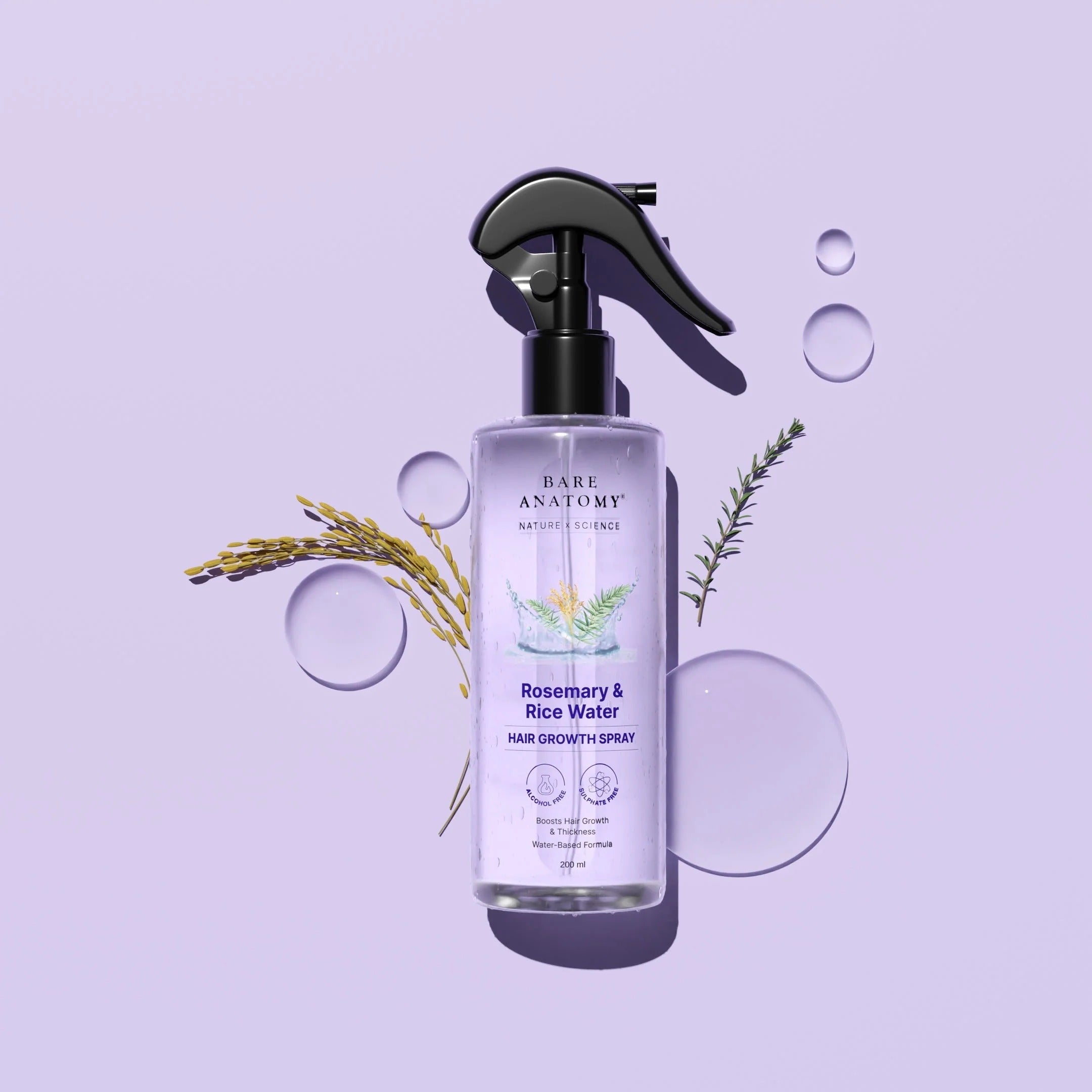 Bare Anatomy Rosemary Water Spray for Hair Growth & Thickness with Rice Water – 200ml