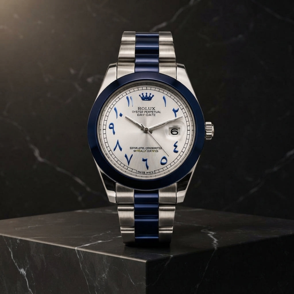 Premium Luxury Arabic Dial Watch | Elegant Stainless‑Steel Strap With Blue Accents & Date Display