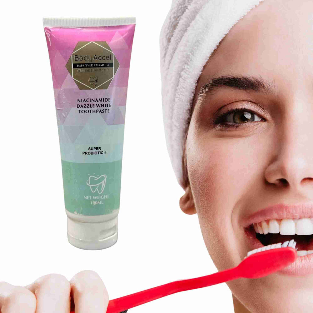 Body Accel Niacinamide Whitening Toothpaste 100ml – Advanced Stain Removal With Probiotics For Bright Smile & Fresh Breath