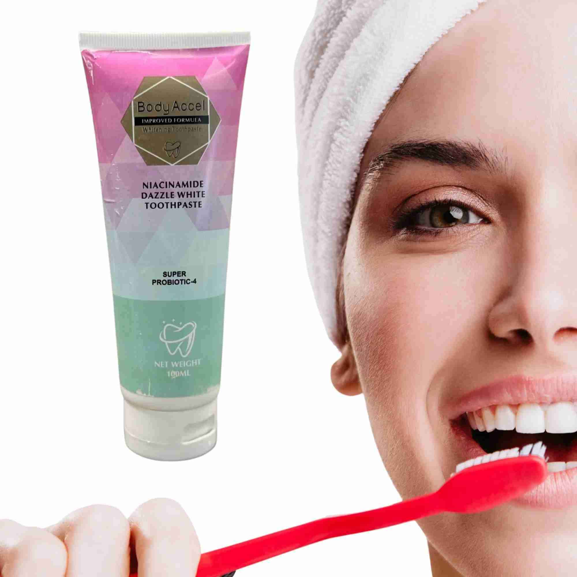 Body Accel Niacinamide Whitening Toothpaste 100ml – Advanced Stain Removal With Probiotics For Bright Smile & Fresh Breath