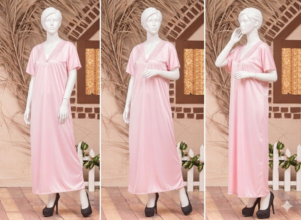 Single Pcs Stylish & Comfortable Long Silk Nightgown - Free Size (SKU R-002)