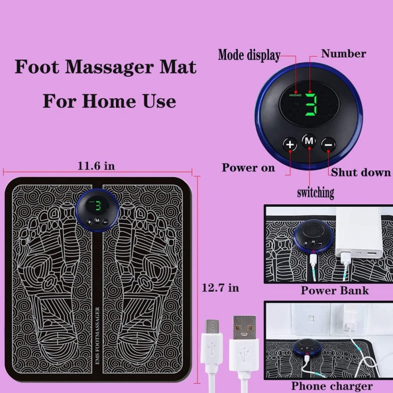 EMS Foot Massager Mat Electric USB Charging Smart Display Tens Acupuncture Feet Cushion Blood Circulation Pad Health Care Home (Without Box)