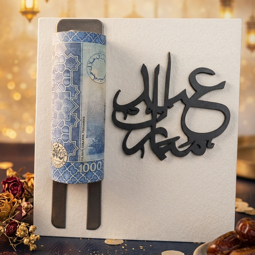 Premium Wooden & Acrylic Eidi Envelope – 4x4 Inch Reusable Eid Money Gift Card Holder with Elegant Festive Design
