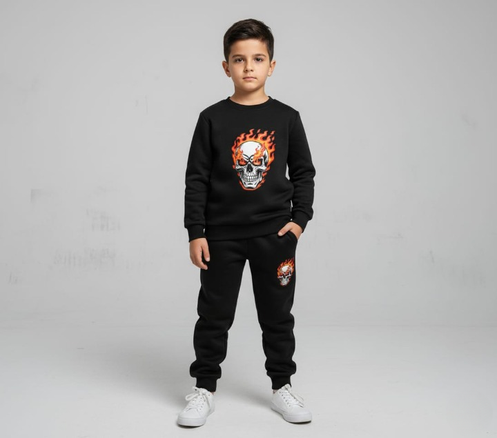 Black Printed Kids Tracksuit | Winter Fleece Sweatshirt & Trouser Set – Warm, Soft & Stylish Winter Garments for Boys & Girls FOR BABY AND KIDs