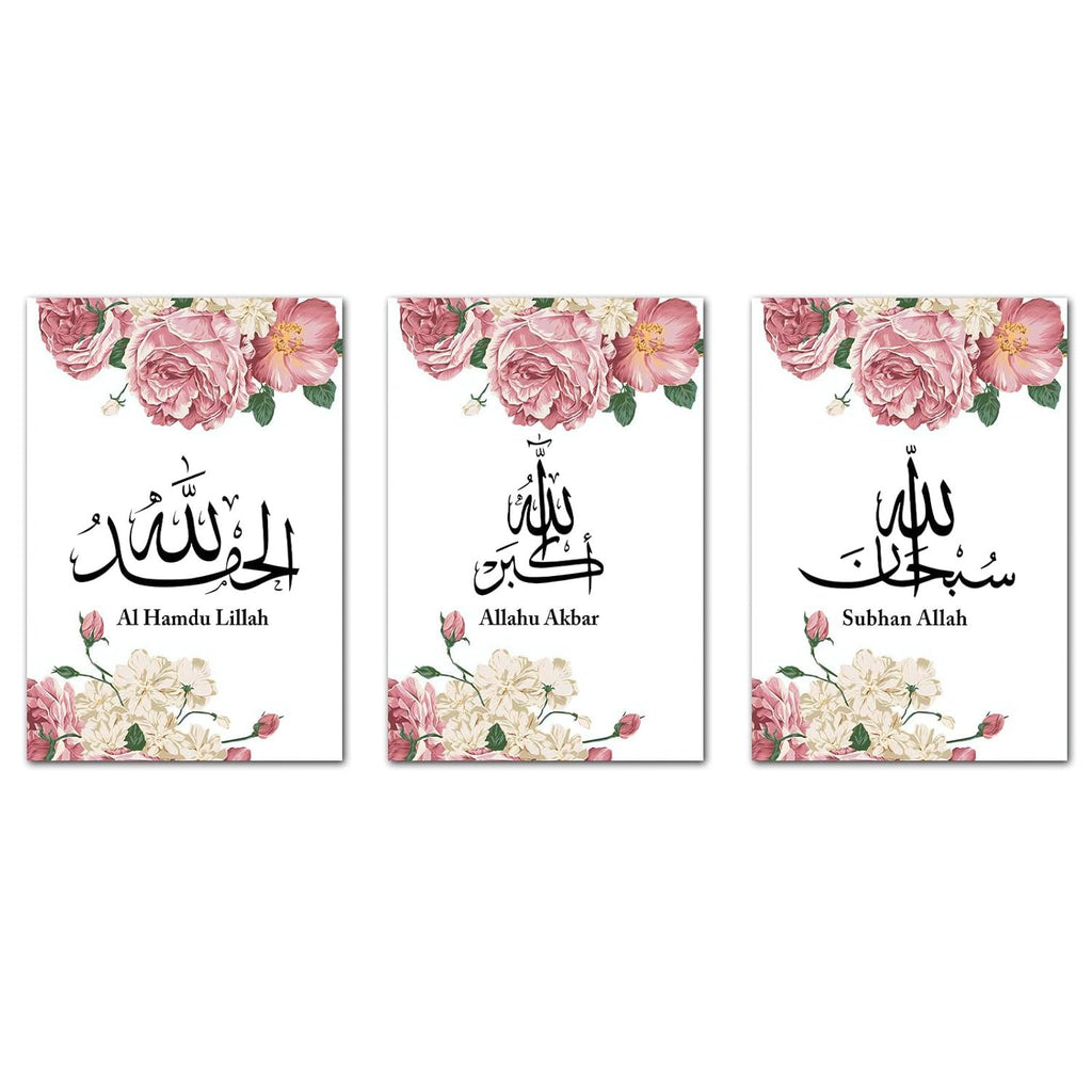 Pack Of 03 - Islamic Canvas Wall Art Pink Peony Canvas Painting Islamic Poster Prints Black and White Islamic