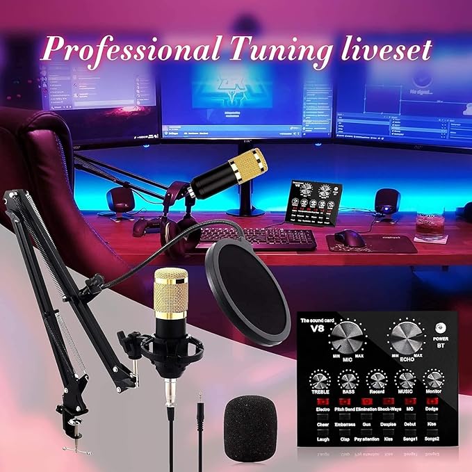 V8 Bm-800 Podcast Mic Set With Live Sound Card,Condenser Microphone With Rechargeable 12 Kinds Of Auxiliary Background For Karaoke Singing, Youtube Recording Mic