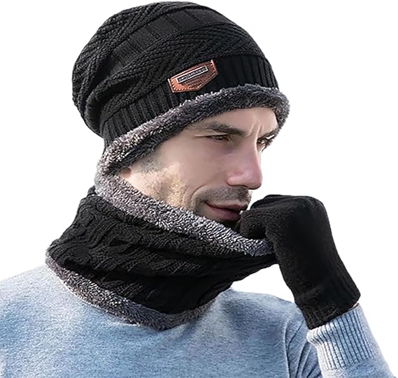 Head &amp; Neck Cap Beanies Combo - woolen winter beanie cap with neck warmer muffler for men and women