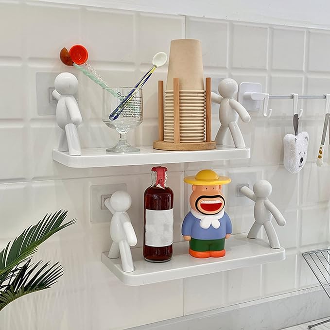 Multifunctional Self Adhesive Creative Character Shelves Bathroom Wall Mounted Shelf | Storage Rack for Bathroom, Kitchen &amp; Room - 1 Pc (White)