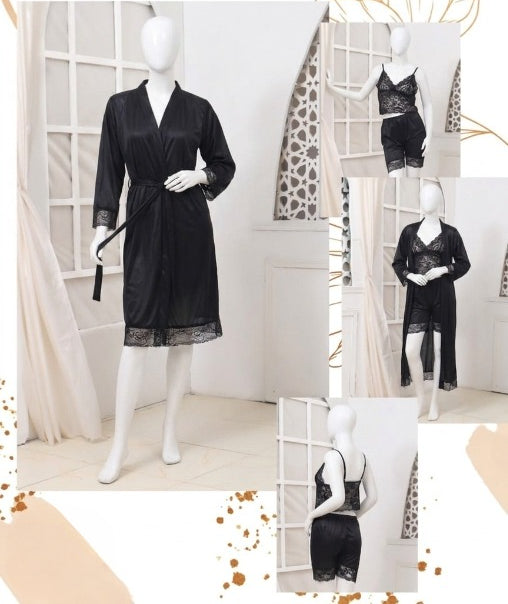 Women's Luxury Silk Nightwear Set with Black Lace – 3 Piece Robe & Slip Dress SKU R-011 Free Size