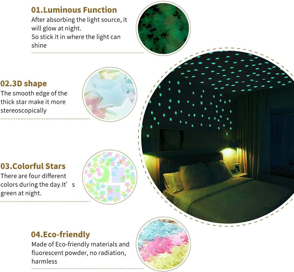 Pack of 100 – 3D Glowing Stars for Ceiling and Wall Decoration – Luminous Night Sky Stickers for Kids’ Rooms, Bedrooms, and Nurseries – Glow-in-the-Dark Wall Decals with Adhesive