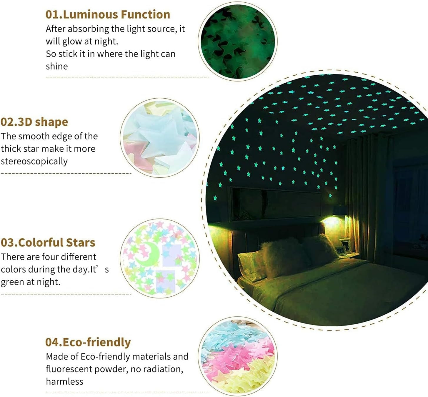 Pack of 100 – 3D Glowing Stars for Ceiling and Wall Decoration – Luminous Night Sky Stickers for Kids’ Rooms, Bedrooms, and Nurseries – Glow-in-the-Dark Wall Decals with Adhesive