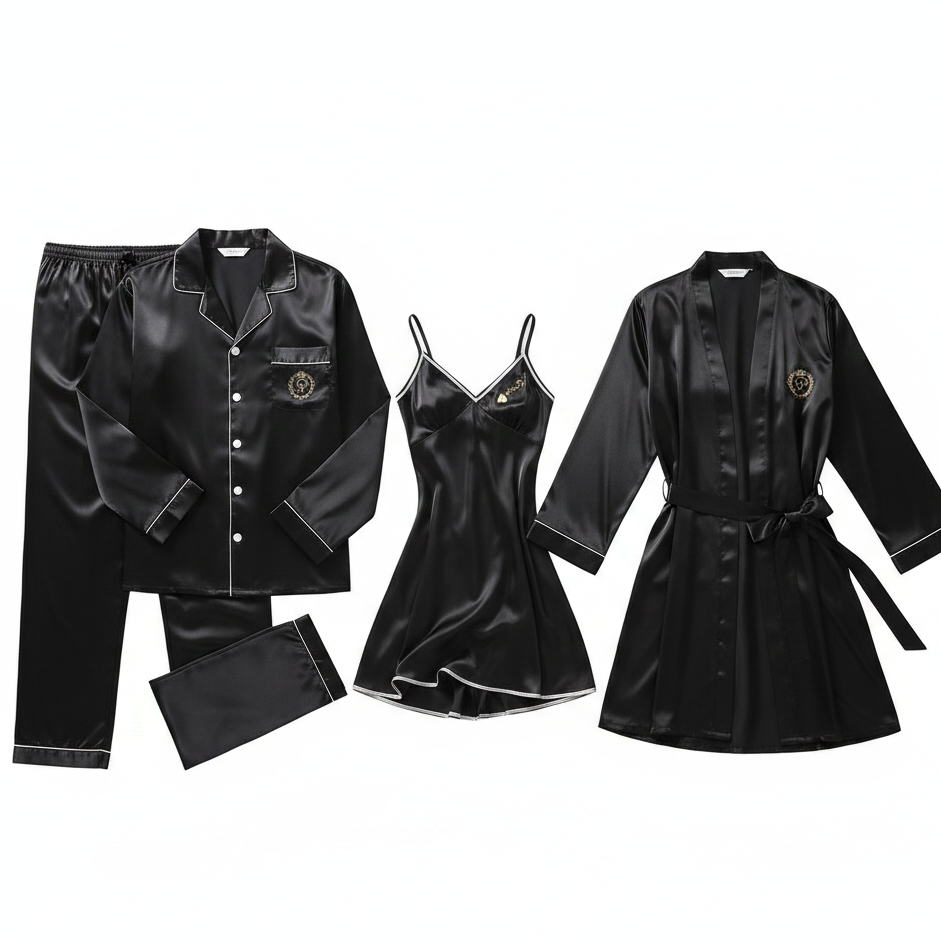 Couple Night Dress Silk Sleepwear Set – 4-Piece Pajama & Robe Set | SKU: DC-C012