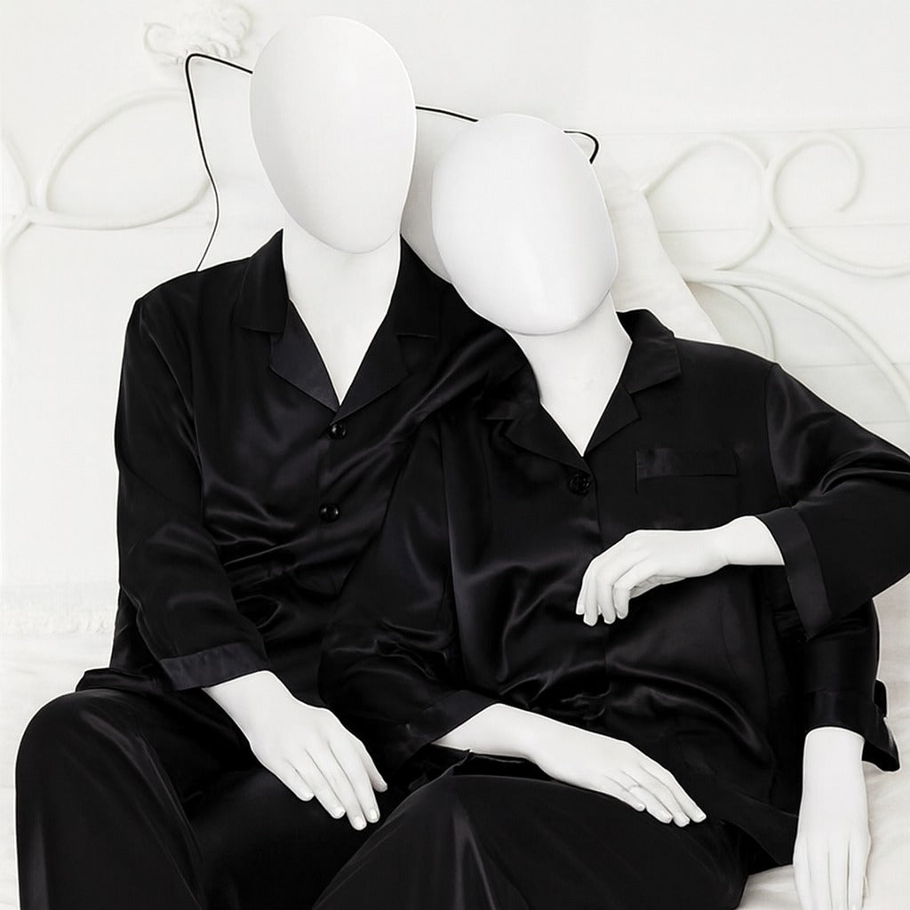 Couple Night Suit Silk Satin Pajama Set – Long Sleeve Top & Pants |  SKU: DC-C011 (4 Pcs)