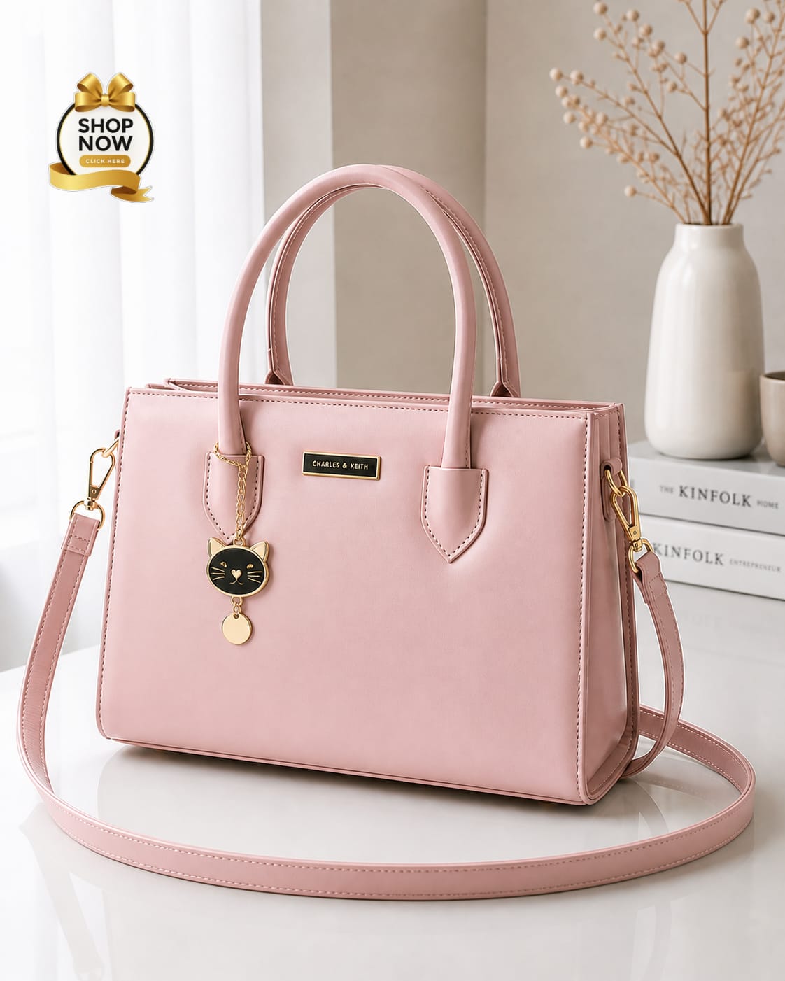 Charles And Keith 2 Zipper Bag Leatherette Handbag With Small Cat Charm And Detachable Shoulder Strap