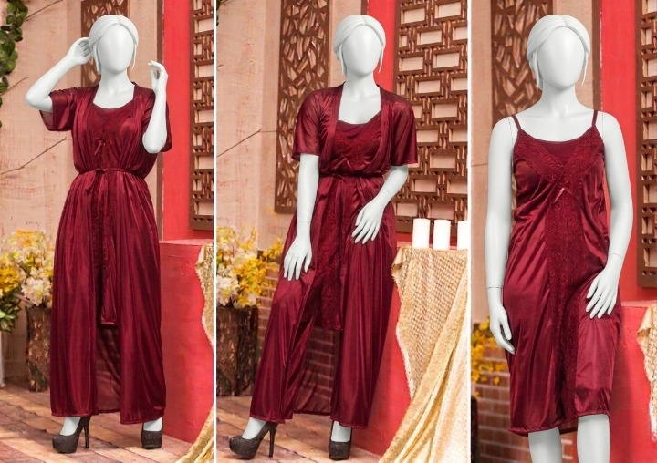 3 Pcs Premium Silk Nightwear Set With Lace | Satin Camisole & Shorts Sleepwear Free Size
