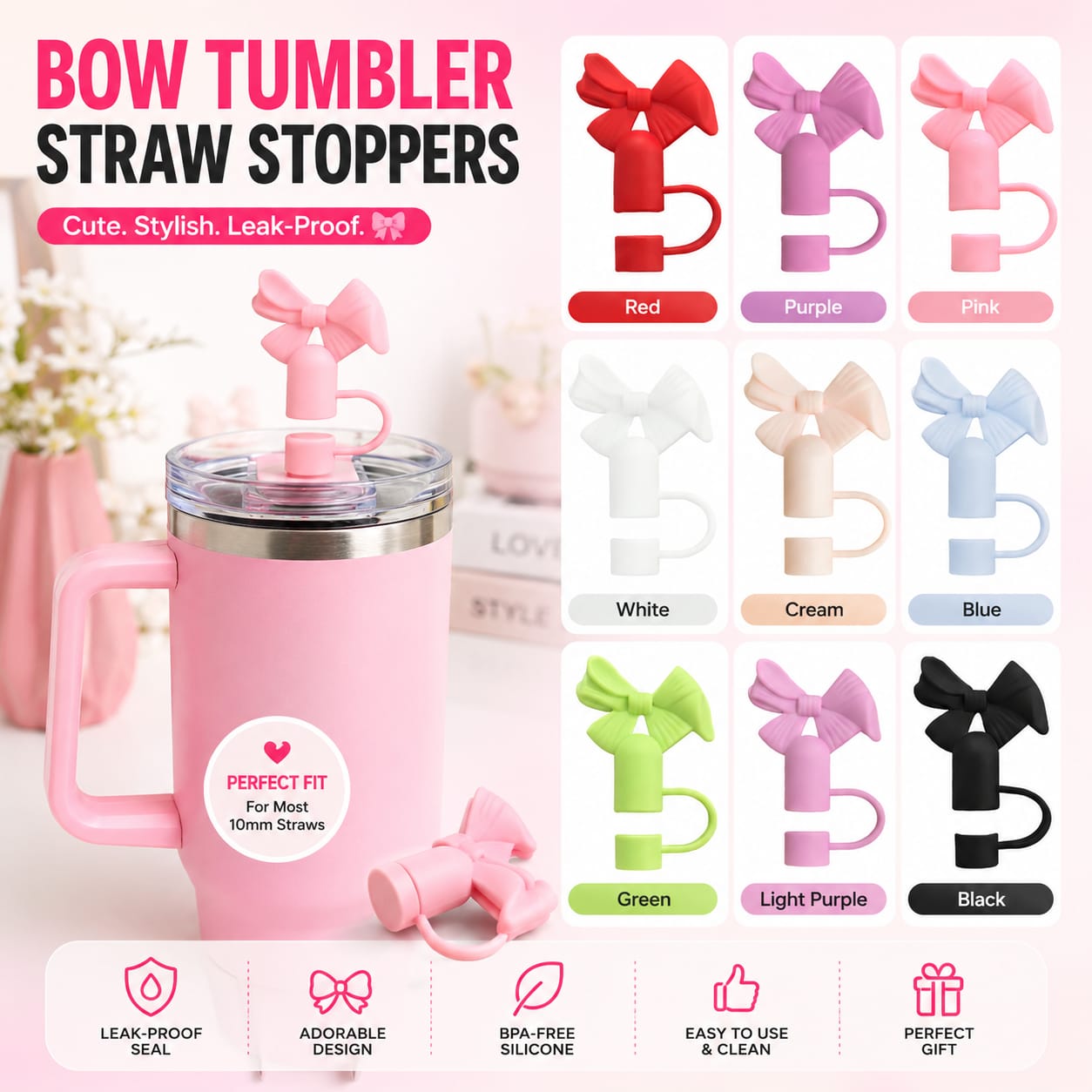 Silicone Bow Stopper Compatible with 40oz Tumbler | Reusable Spill-Resistant Straw Cover | Random Color
