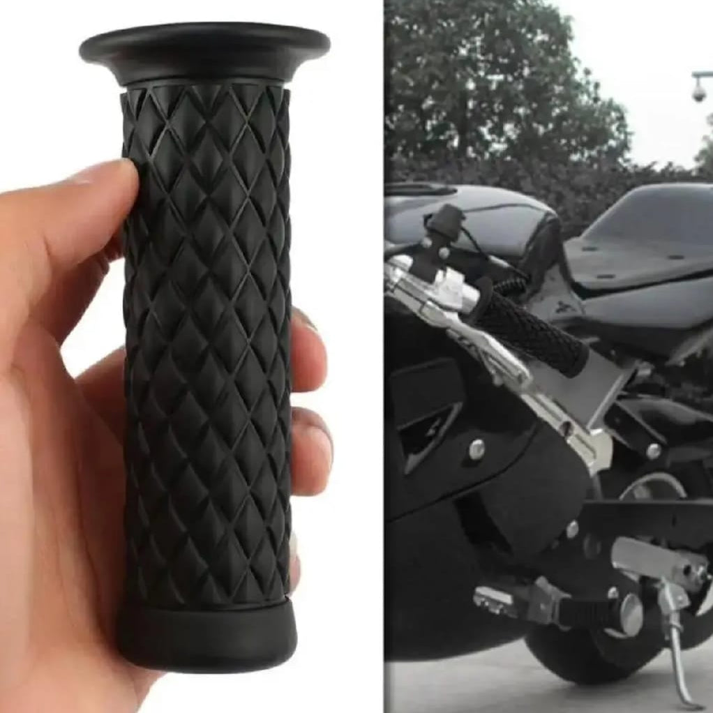 Cafe Racer Diamond Style Rubber Handlebar Grips with Bar Ends – Black (Pair)