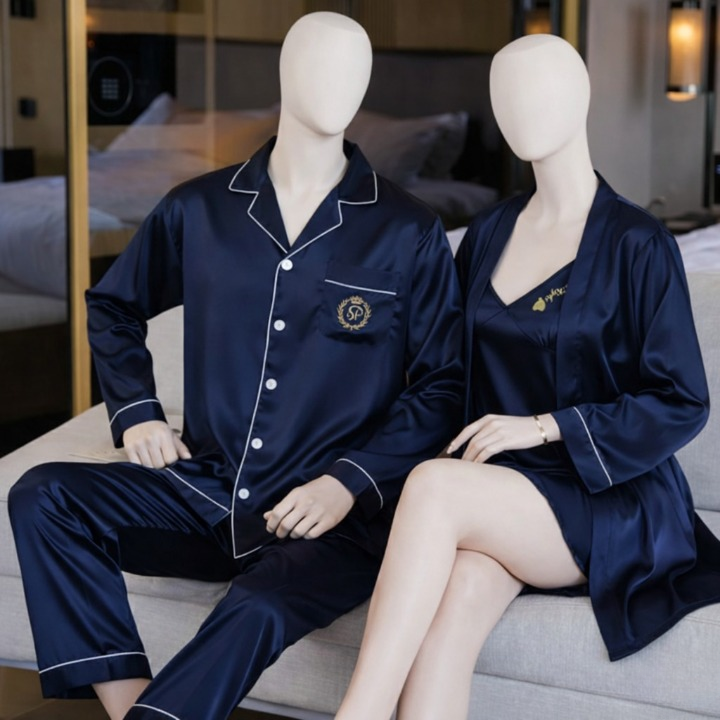 Couple Night Dress Silk Sleepwear Set – 4-Piece Pajama & Robe Set | SKU: DC-C012