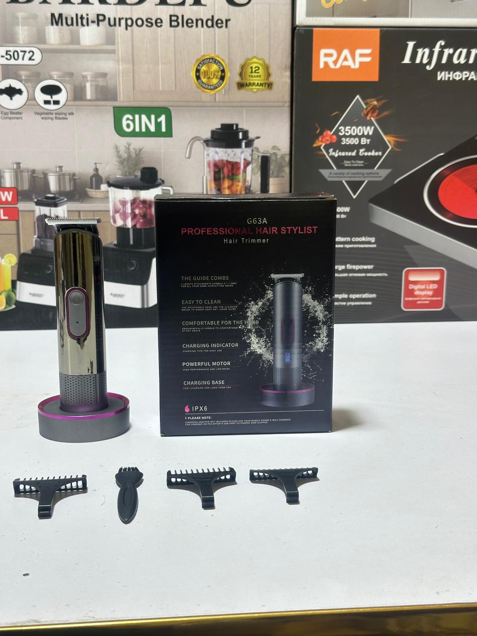 G63A Professional Hair Stylist Trimmer – Rechargeable Cordless Hair & Beard Trimmer with Charging Base and Guide Combs