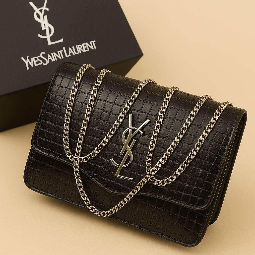 Premium Croc-Embossed Vegan Leather Crossbody Bag with Elegant Gold-Tone Chain Strap and Iconic Signature Hardware