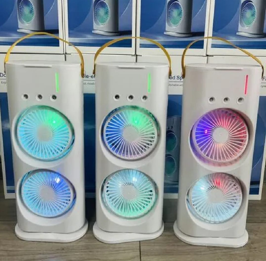 Double-Ended Spray Water Mist Fan – Dual Fan Cooling with 90° Rotation, RGB Lights, and Strong Brushless Motor – USB Powered Desktop Air Cooler | 16 Inches