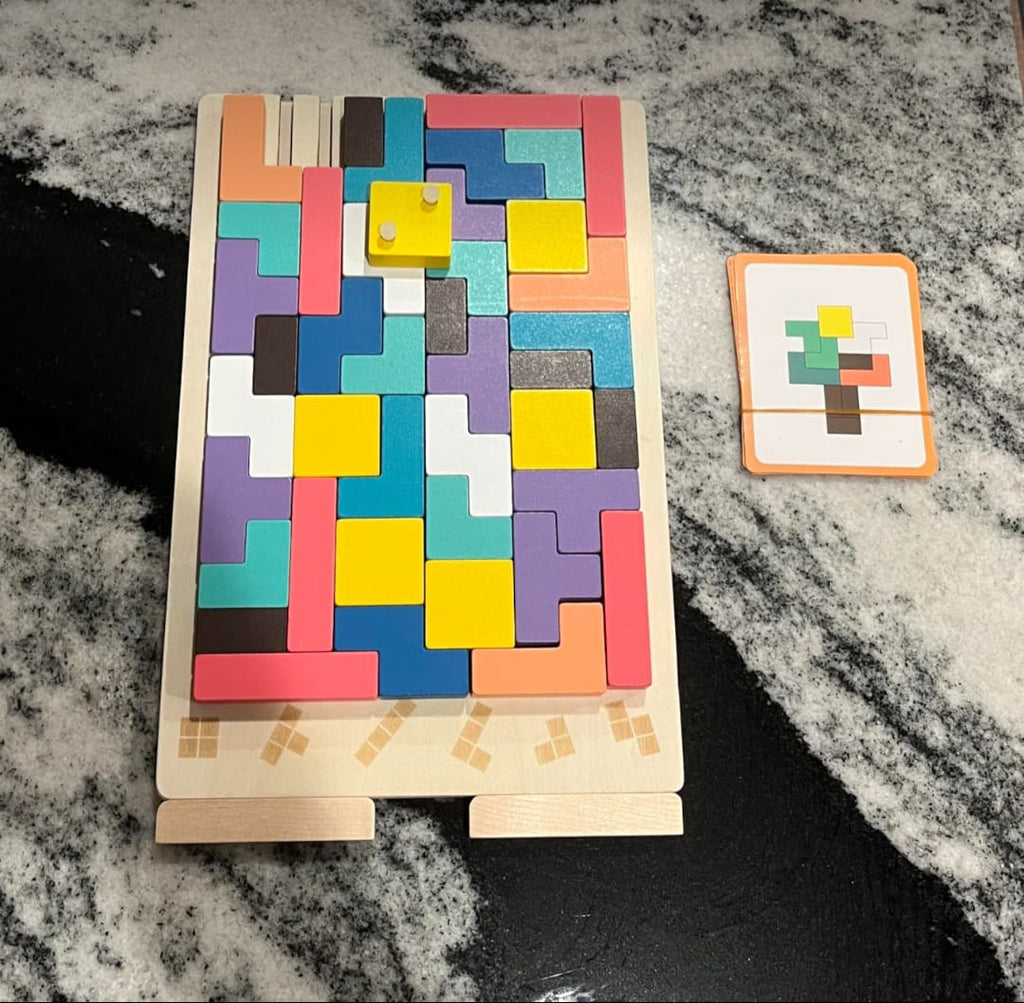 Wooden Puzzle Tetris Game | Montessori Learning Aid | 3D Colourful Blocks | Creative Geometry Toy for Kids & Families
