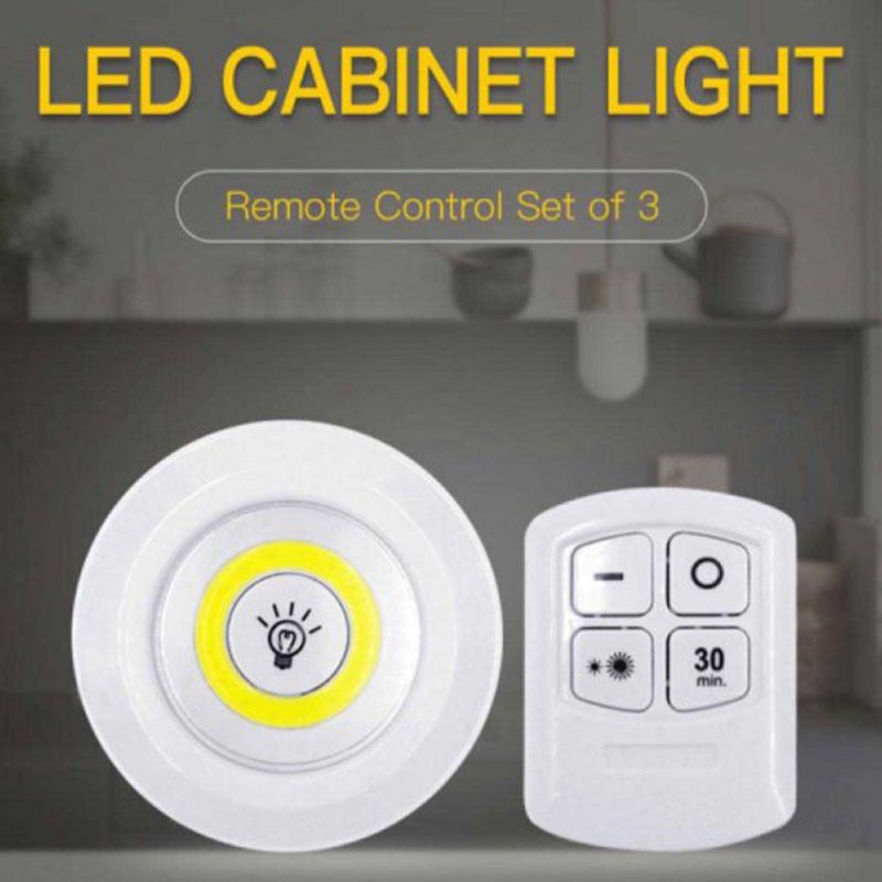 LED Cabinet Light Remote Control Set – 3 Wireless Cell Operated Tap Lights with Dimming & 30 Mins Timer Modes