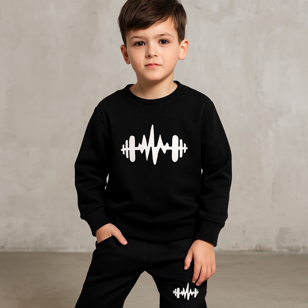 Black Cross Printed Fleece Winter Kids Tracksuit | Sweatshirt & Trousers Set for Boys & Girls – Warm & Cozy Outfit FOR BABY AND KIDS