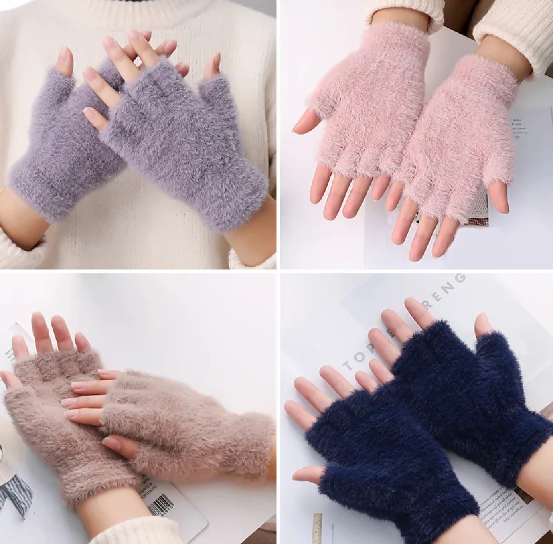 Winter Half Finger Pair Gloves For Women Plush Warm Fingerless Pair Gloves In Multicolor (Random Color)