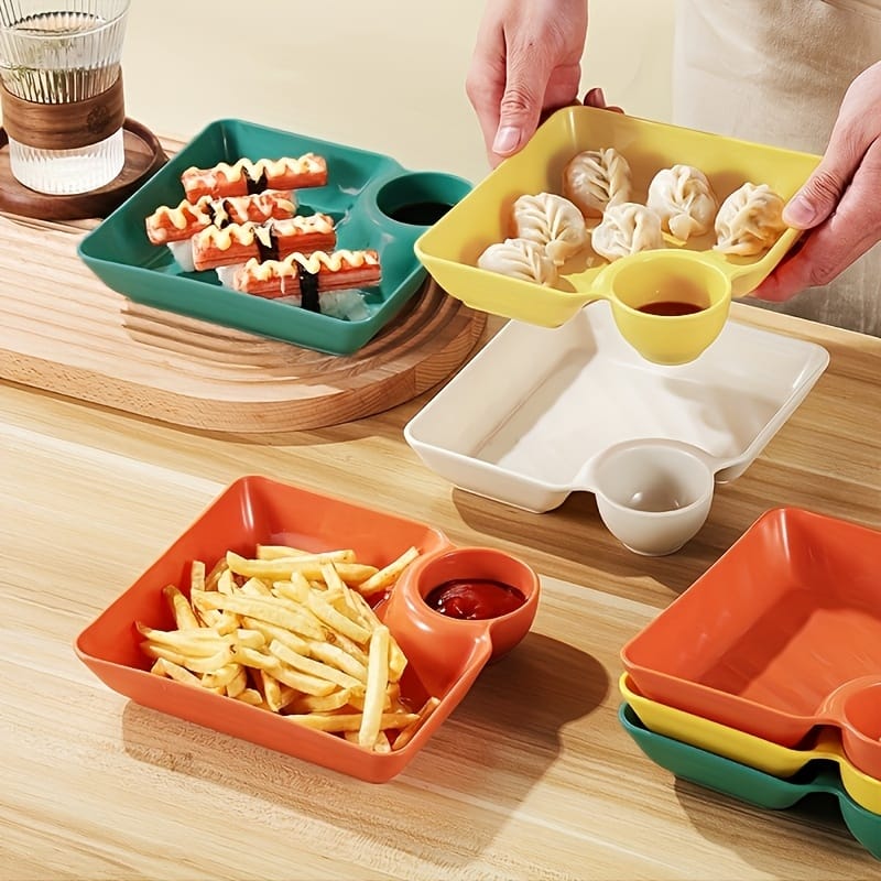 4-Piece Colorful Serving Platter Set – BPA-Free Snack, Sushi, Appetizer & Dessert Plates with Built-in Dipping Bowls for Parties & Everyday Use