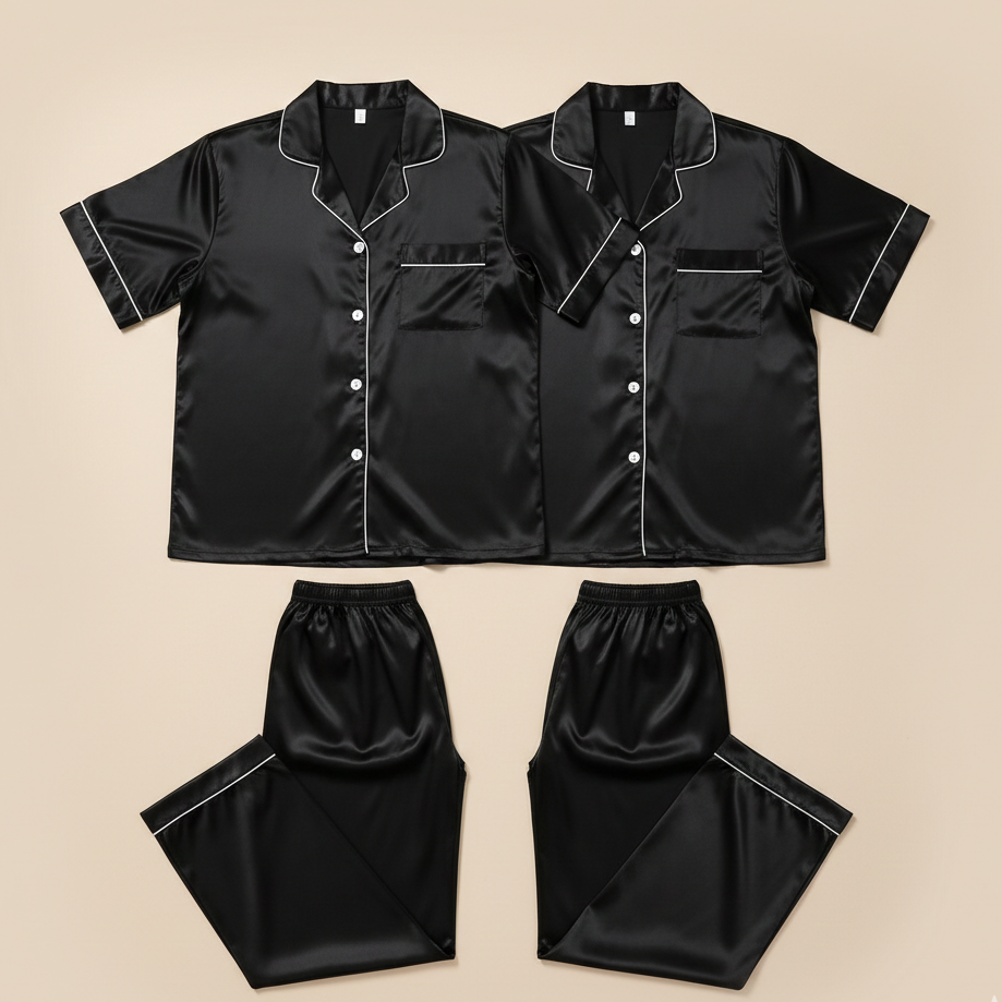 Couple Matching Pajama Set – Short Sleeve Top & Long Pants | SKU DC-C002 ~ (4Pcs)