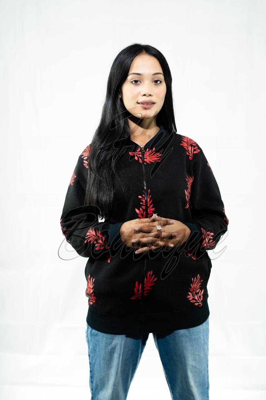 Winter Collection Women’s Red Leaf Print Jacket | Stylish & Warm Outerwear | Trendy Winter Fashion for Ladies
