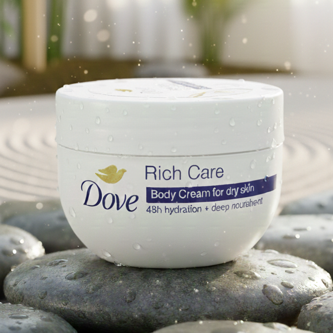 A Radiant Oasis of Hydration: Dove Rich Care Body Cream – 48h Moisture & Deep Nourishment Captured in Nature's Light