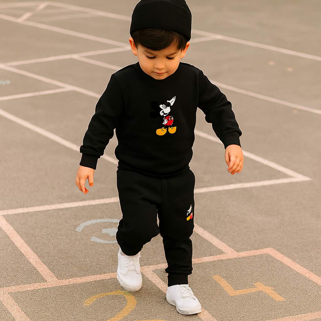 Black Mickey Mouse Printed Kids Tracksuit | Winter Fleece Sweatshirt & Trouser Set for Boys & Girls – Warm & Stylish Outfit  FOR BABY AND KIDS