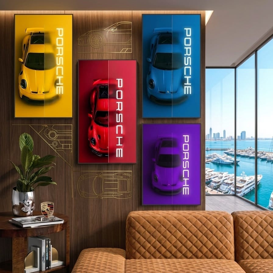 Set of 4 Car Design Sticky Photo Tiles – Wall Frames for Home &amp; Office Decor