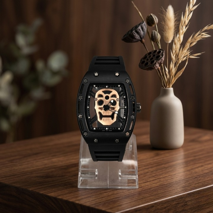 Luxury Non-Waterproof Skull Skeleton Concept Watch – Bold Tonneau Case with Sporty Silicone Strap (Without Box)