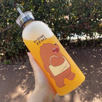 We Bare Bears Panda Water Bottle 1000ml – Cute Cartoon Design with Straw & Two Caps | Durable Reusable Bottle for Daily Hydration - Plastic (Random Design)