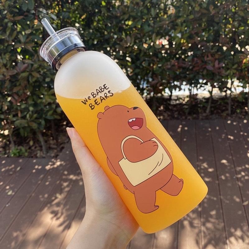 We Bare Bears Panda Water Bottle 1000ml – Cute Cartoon Design with Straw & Two Caps | Durable Reusable Bottle for Daily Hydration - Plastic (Random Design)