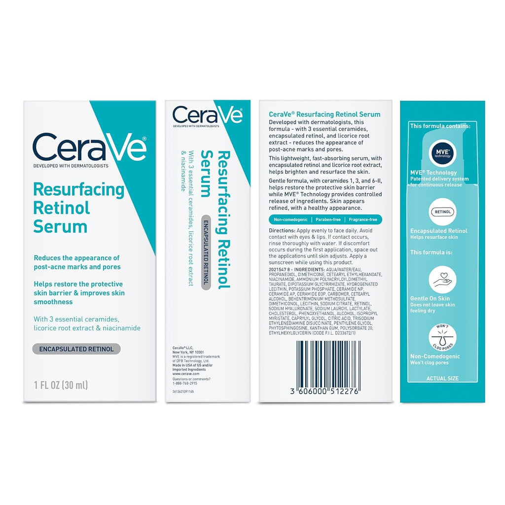 CeraVe Resurfacing Retinol Serum For Post Acne Marks, Formulated With Licorice Root Extract &amp; Niacinamide, Brightening Serum &amp; Pore Minimizer For Face, Post Acne Skin Barrier Repair, Non-Comedogenic - 30ml