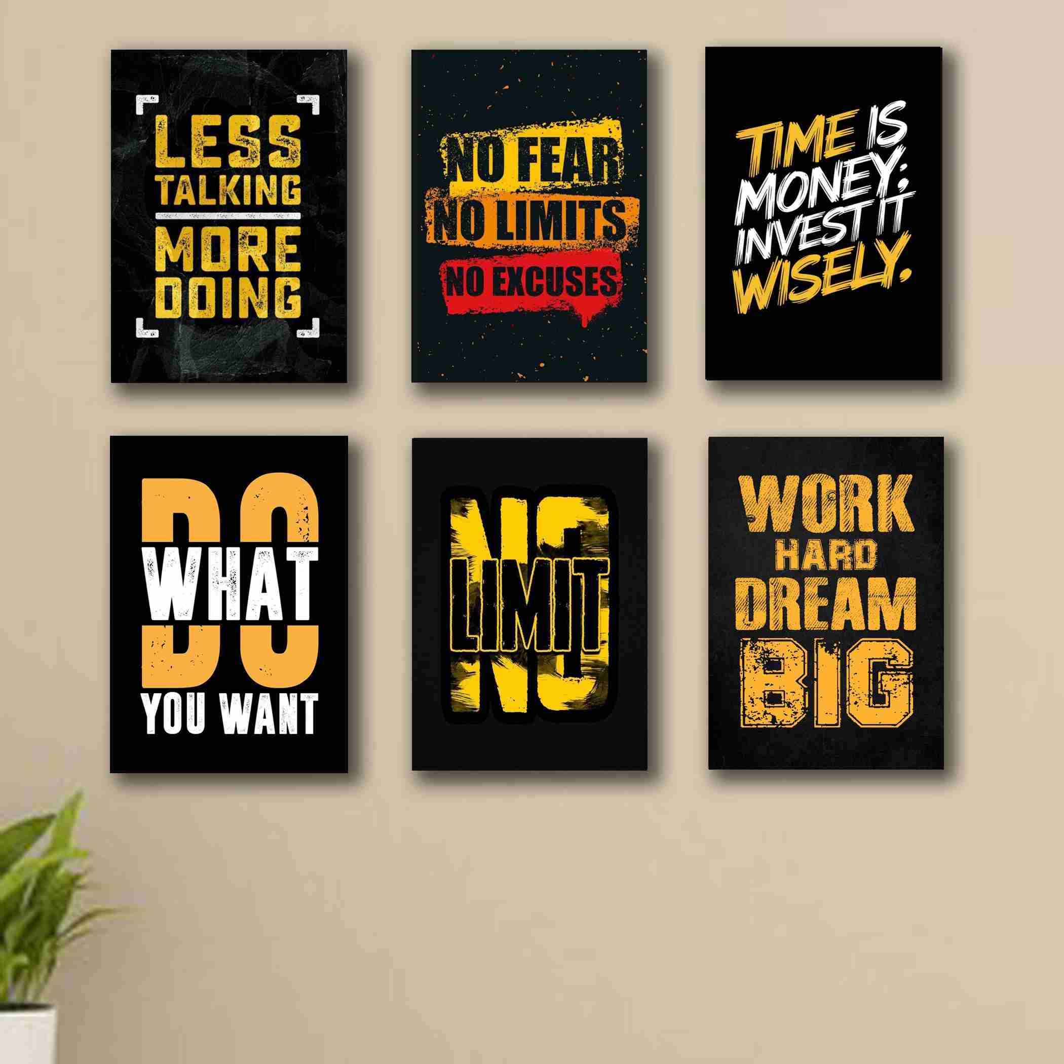 Pack of 6 Motivational quotes sticky wooden canvas frames for wall decore / motivation sticky phototiles for office and room wall decoration