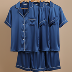 Couple Night Dress Silk Pajama Set – Short Sleeve Shirt & Shorts (4 Pcs) | SKU DC-C014