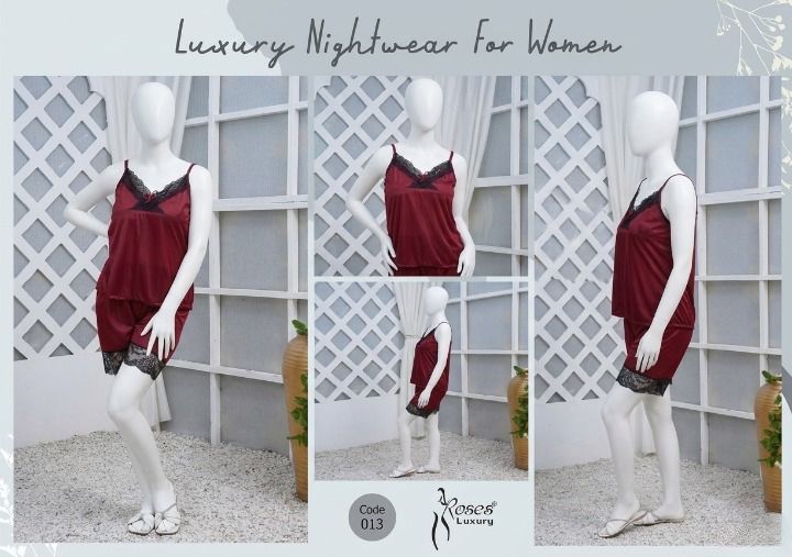 Women's Silk Nightwear Set with Black Lace – 2 Piece Cami Top & Shorts Sleepwear (Free Size) [SKU R-012]