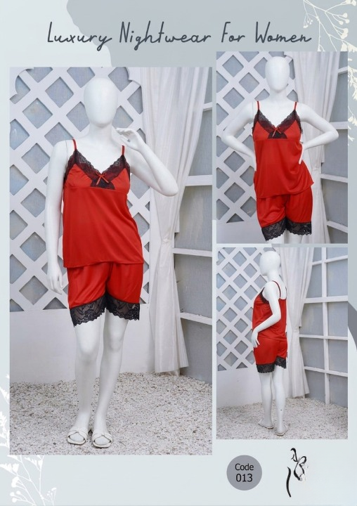 Women's Silk Nightwear Set with Black Lace – 2 Piece Cami Top & Shorts Sleepwear (Free Size) [SKU R-012]
