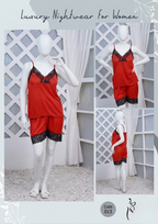 Women's Silk Nightwear Set with Black Lace – 2 Piece Cami Top & Shorts Sleepwear (Free Size) [SKU R-012]