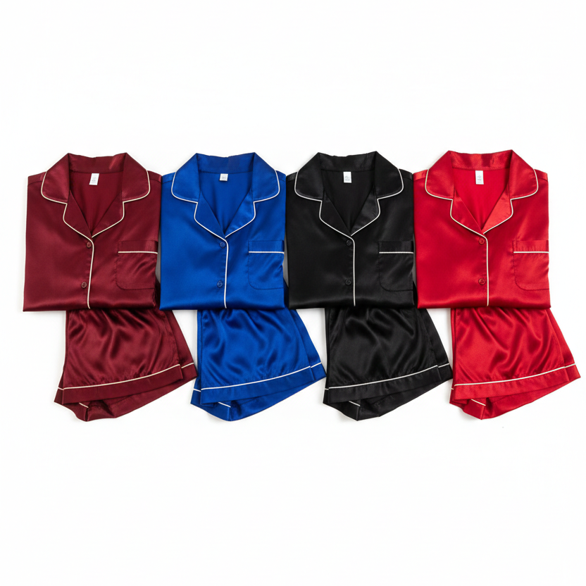 Couple Night Dress Silk Pajama Set – Short Sleeve Shirt & Shorts (4 Pcs) | SKU DC-C014