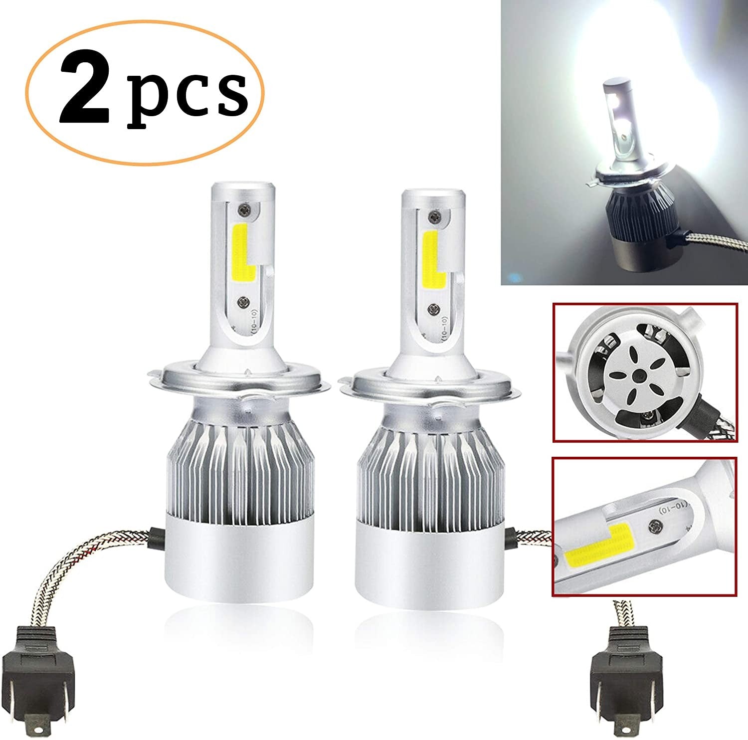 2PCS C6 H4 LED Headlight Bulbs – 72W 7600LM COB Car Headlights 6000K White High Brightness